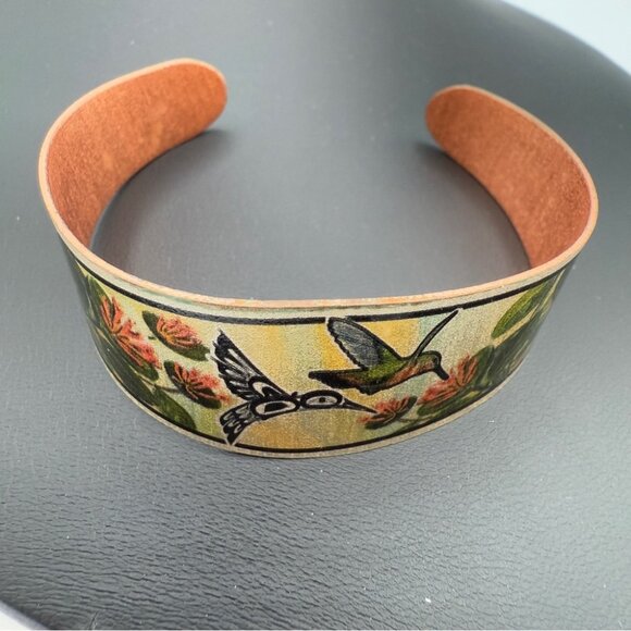 Sue Coleman Artisan Copper Cuff Bracelet with Hummingbird Floral Design Vintage - Picture 2 of 13